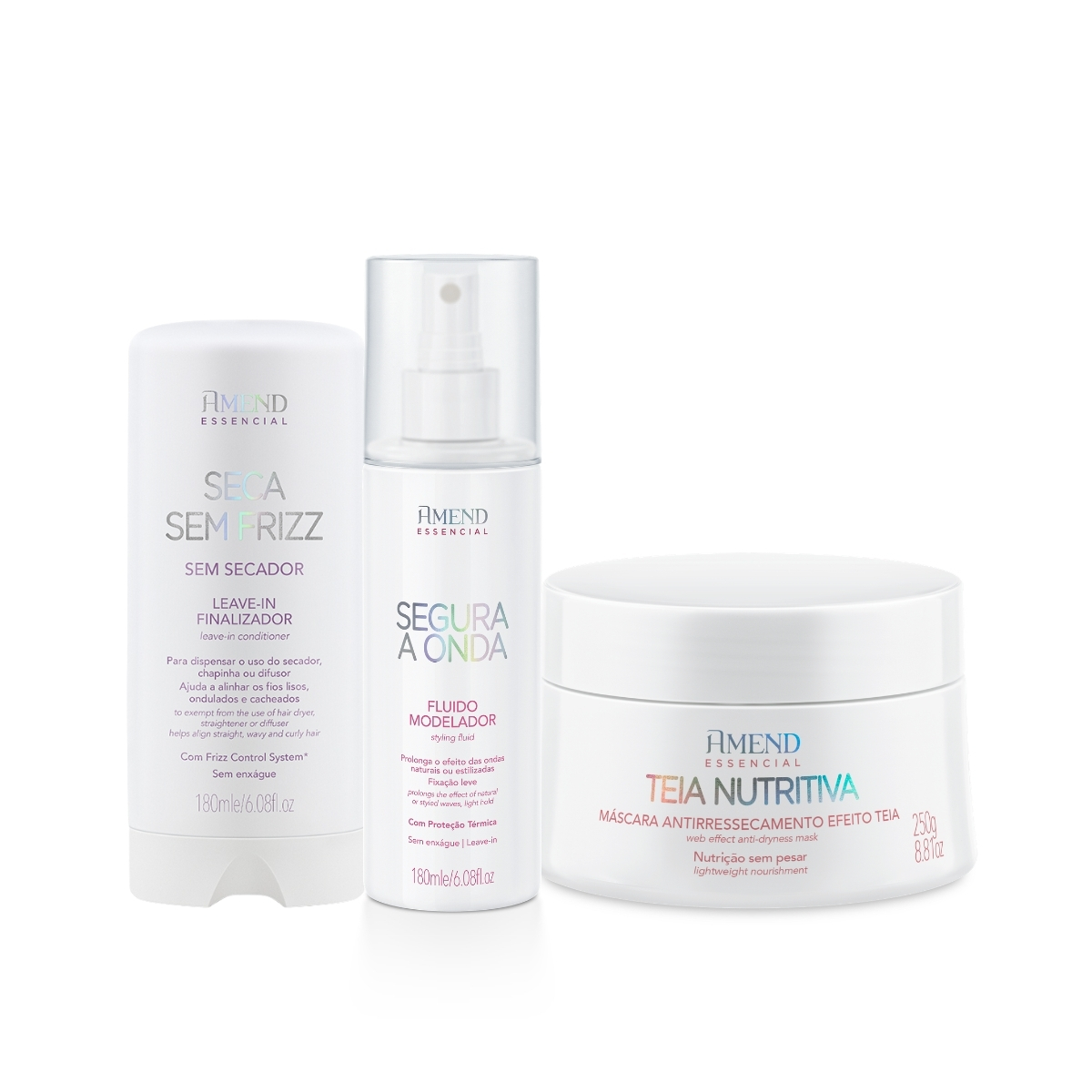 Kit Flu&iacute;do Segura a Onda + Seca Sem Frizz + M&aacute;scara Nutritiva Efeito Teia